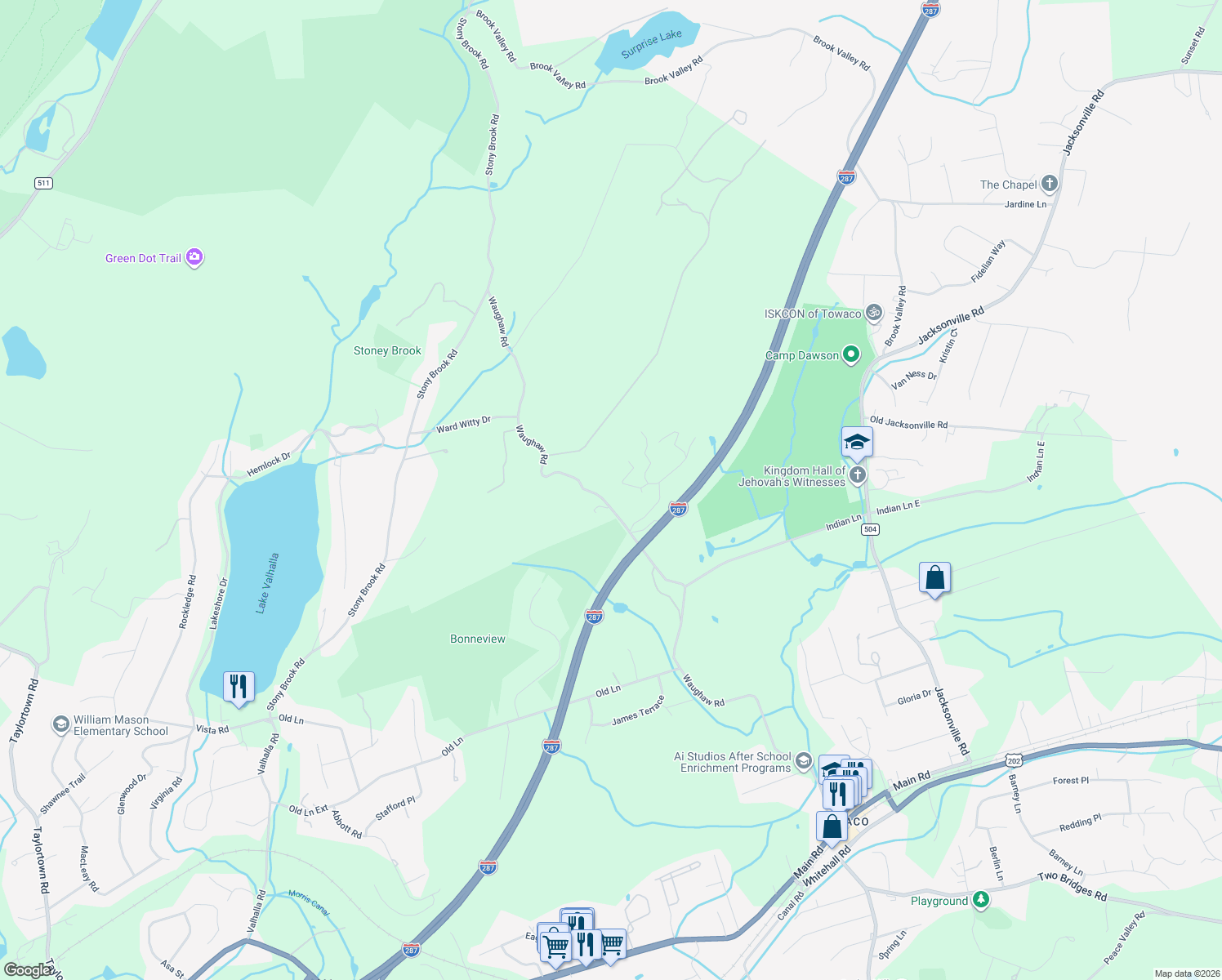 map of restaurants, bars, coffee shops, grocery stores, and more near 119 Waughaw Road in Montville