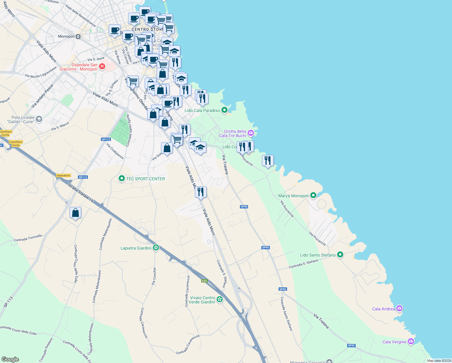 map of restaurants, bars, coffee shops, grocery stores, and more near 1b Via Cosimo Turi in Città Metropolitana di Bari