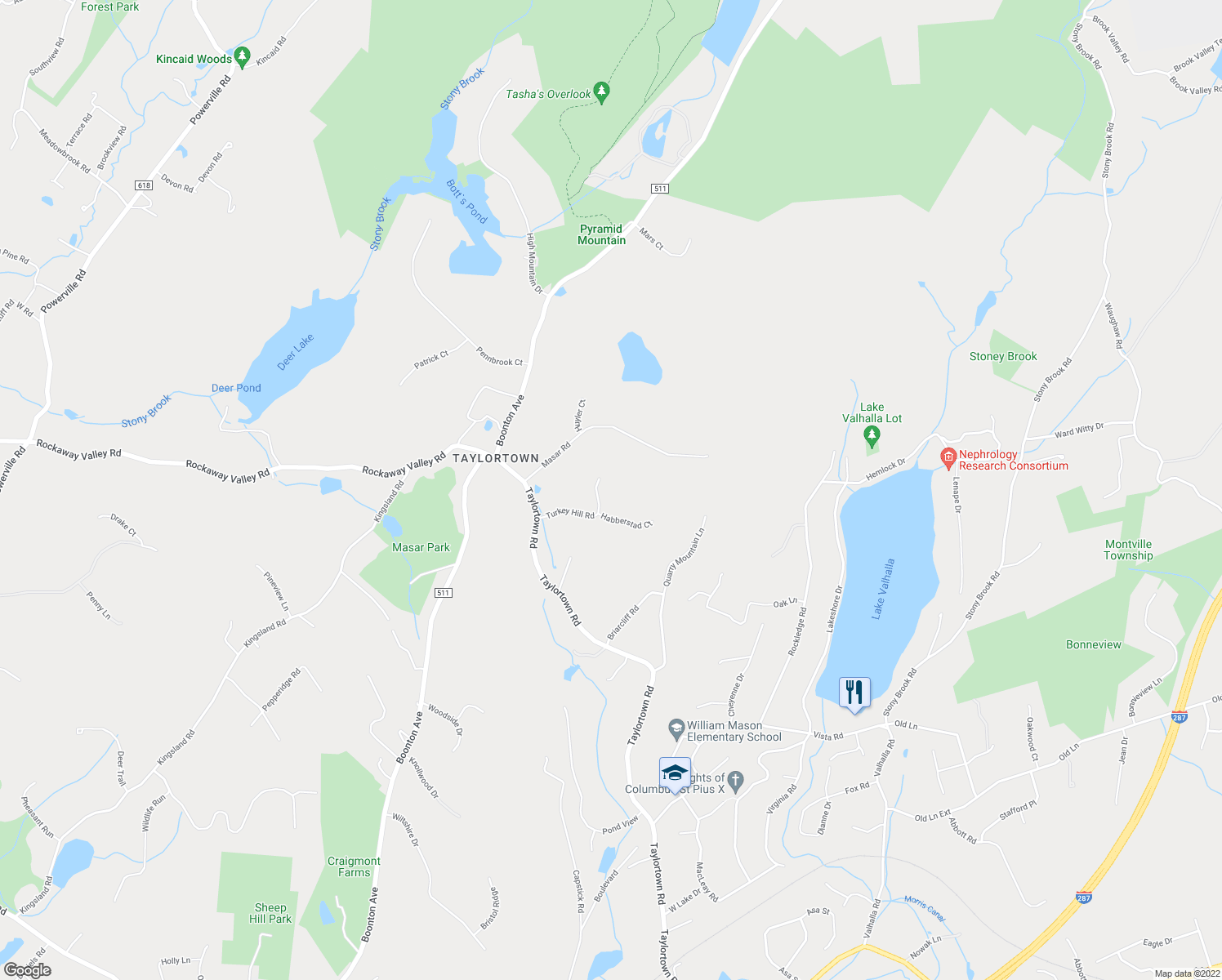 map of restaurants, bars, coffee shops, grocery stores, and more near 19 Turkey Hill Road in Boonton