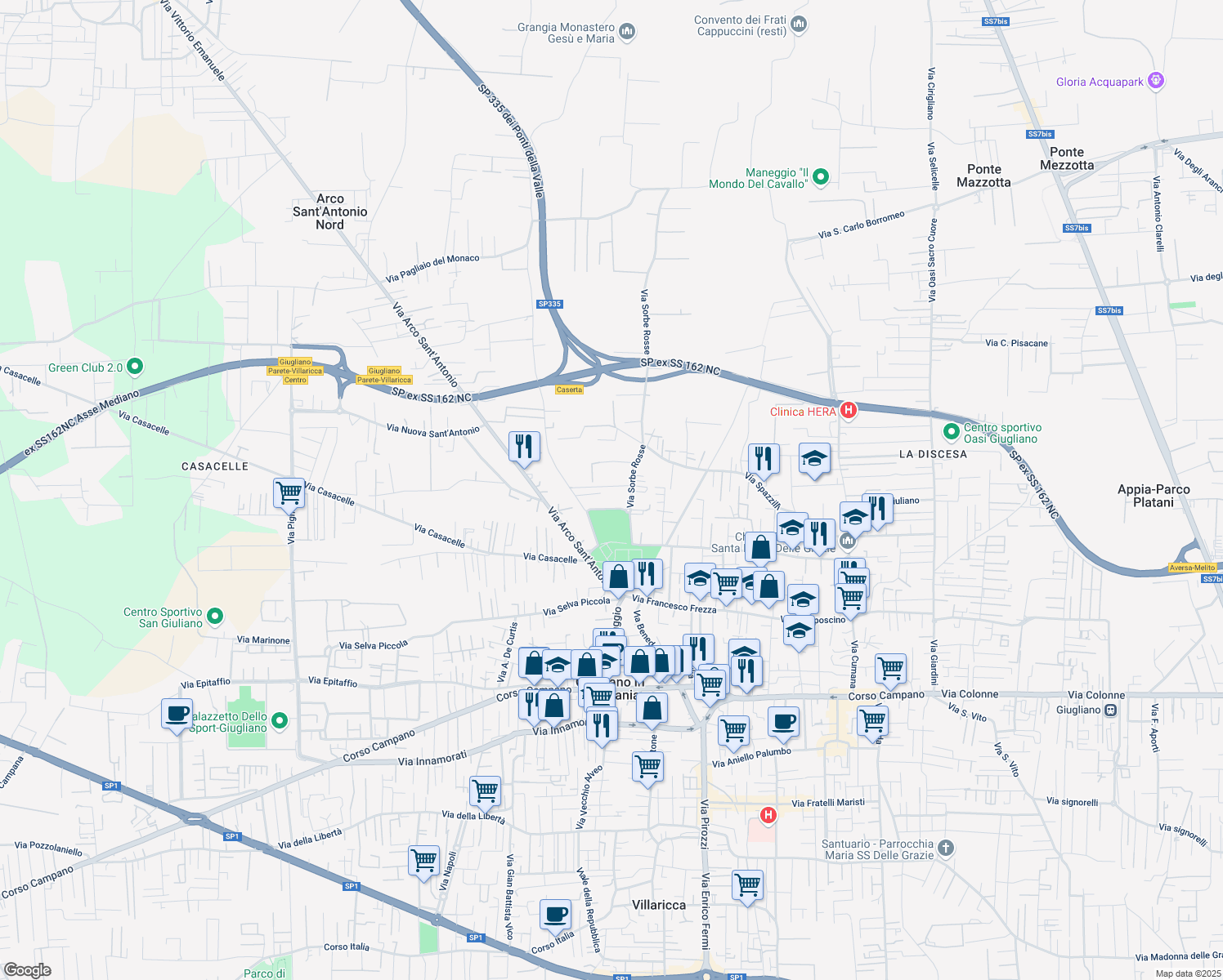 map of restaurants, bars, coffee shops, grocery stores, and more near 9 Via Sorbe Rosse in Giugliano in Campania