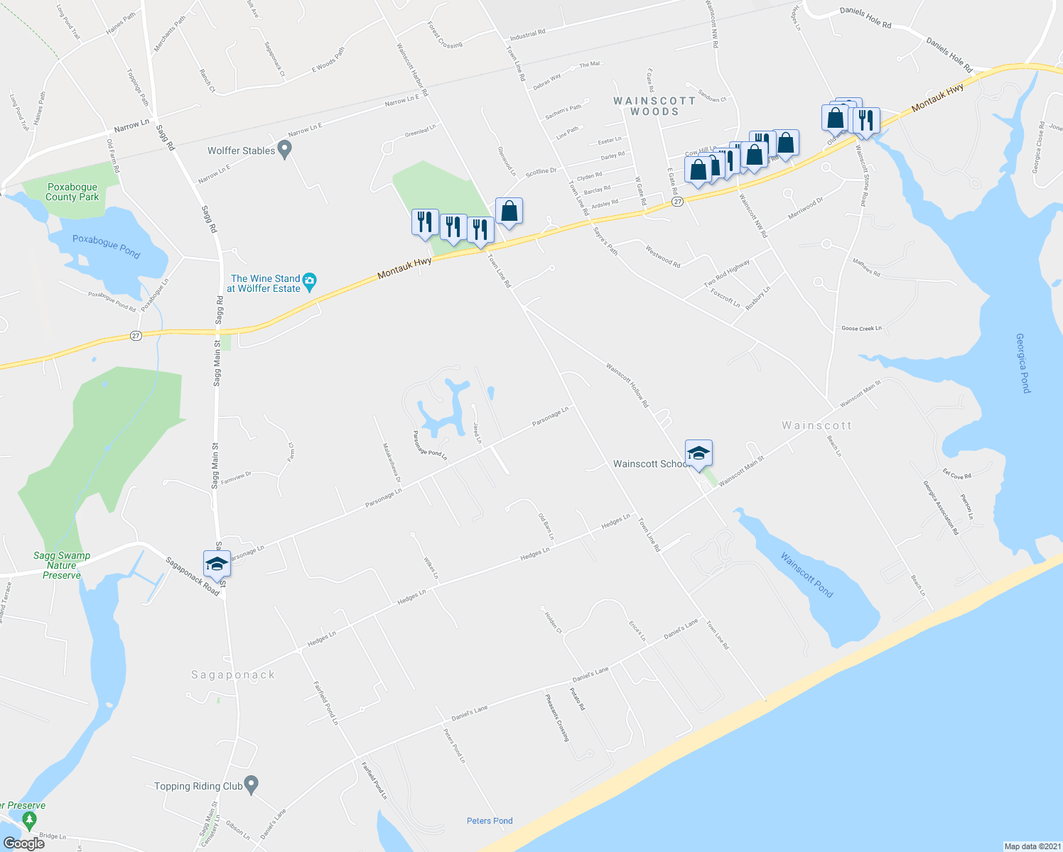 map of restaurants, bars, coffee shops, grocery stores, and more near 351 Parsonage Lane in Sagaponack