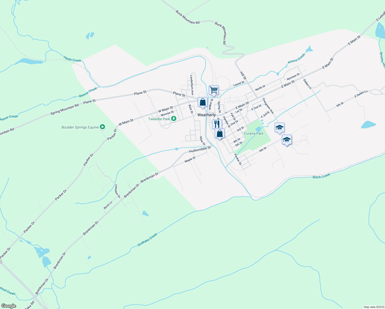 map of restaurants, bars, coffee shops, grocery stores, and more near 303 Hudsondale Street in Weatherly