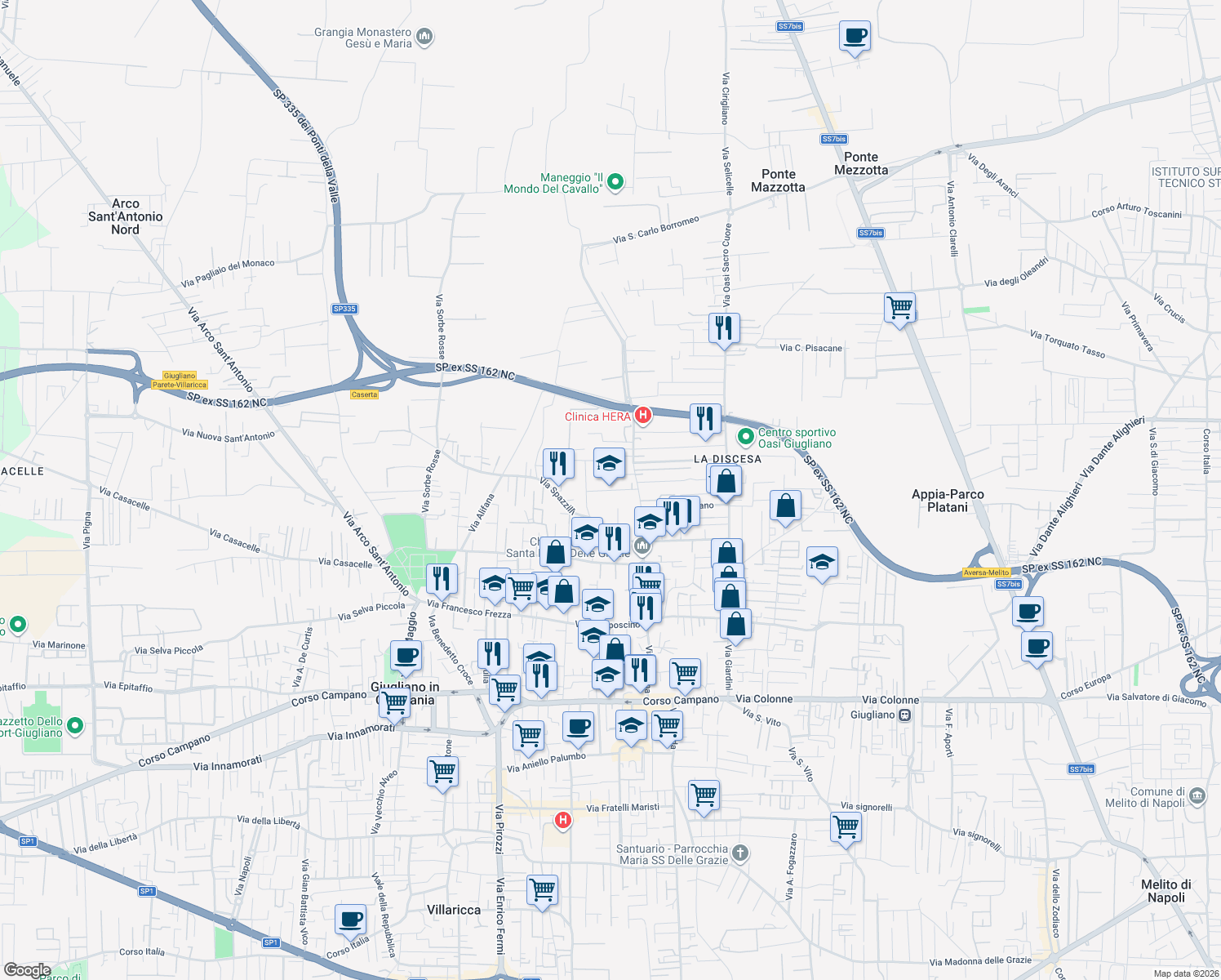map of restaurants, bars, coffee shops, grocery stores, and more near Via Bartolo Longo in Giugliano In Campania