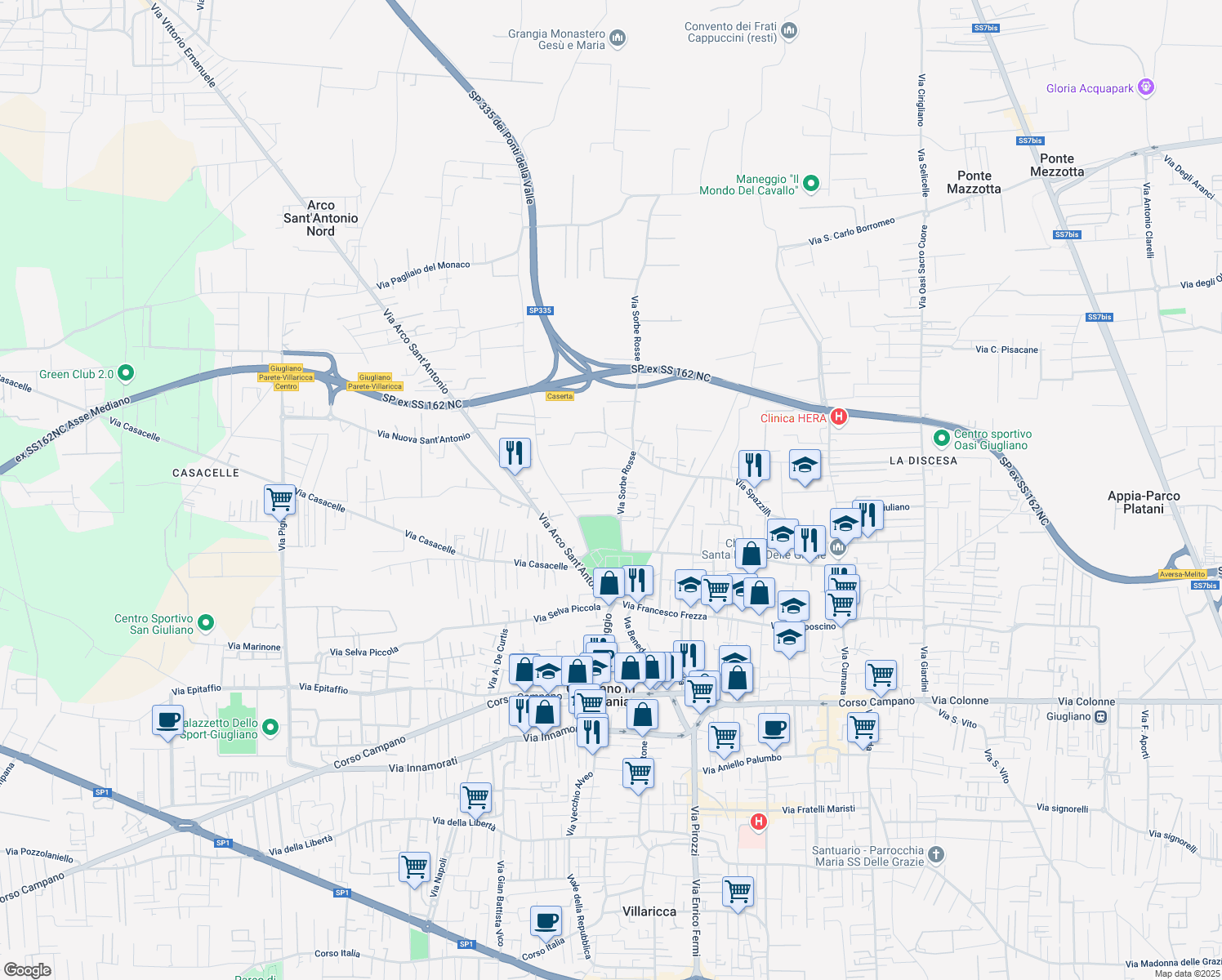 map of restaurants, bars, coffee shops, grocery stores, and more near 9 Via Sorbe Rosse in Giugliano in Campania