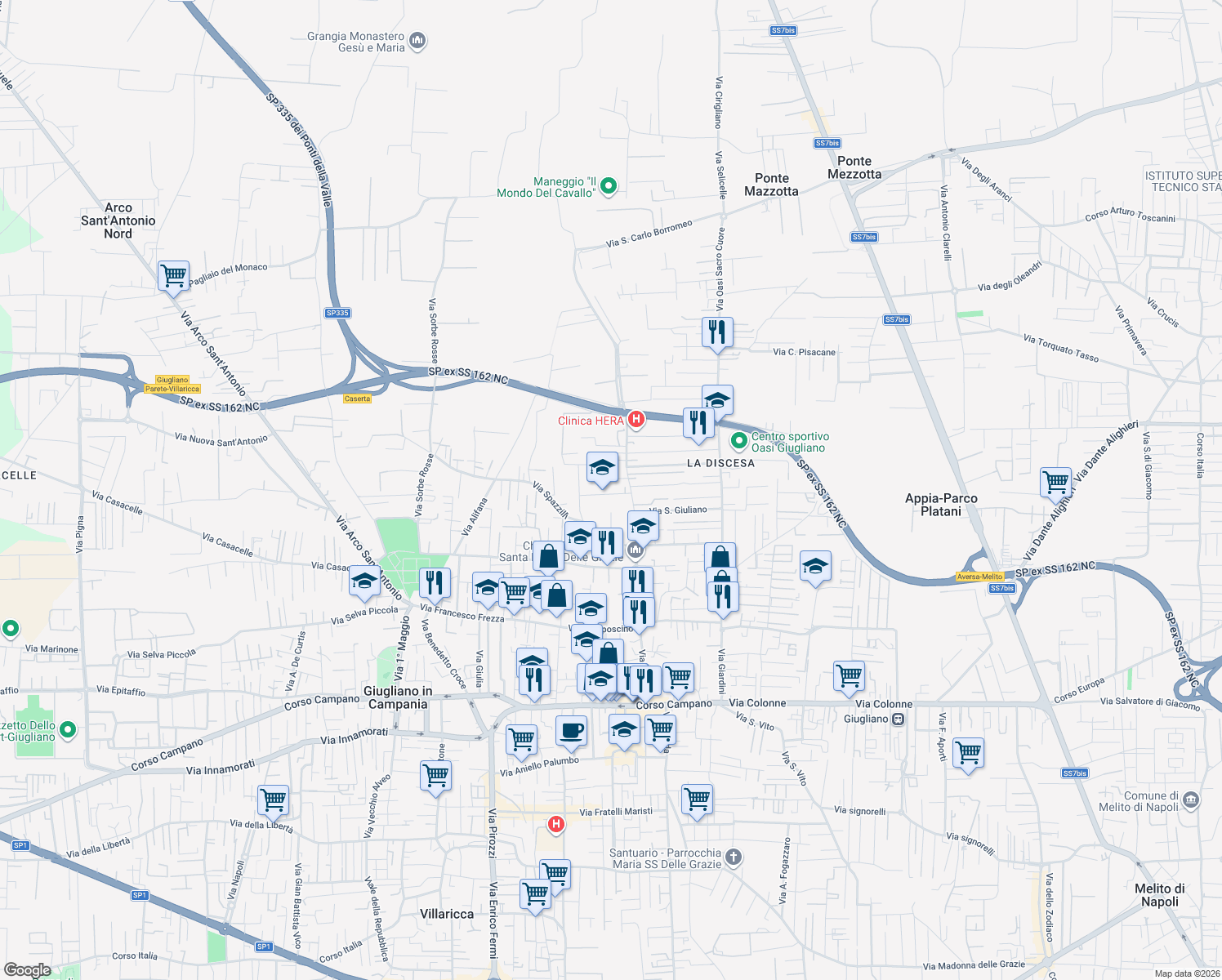 map of restaurants, bars, coffee shops, grocery stores, and more near Via Bartolo Longo in Giugliano In Campania