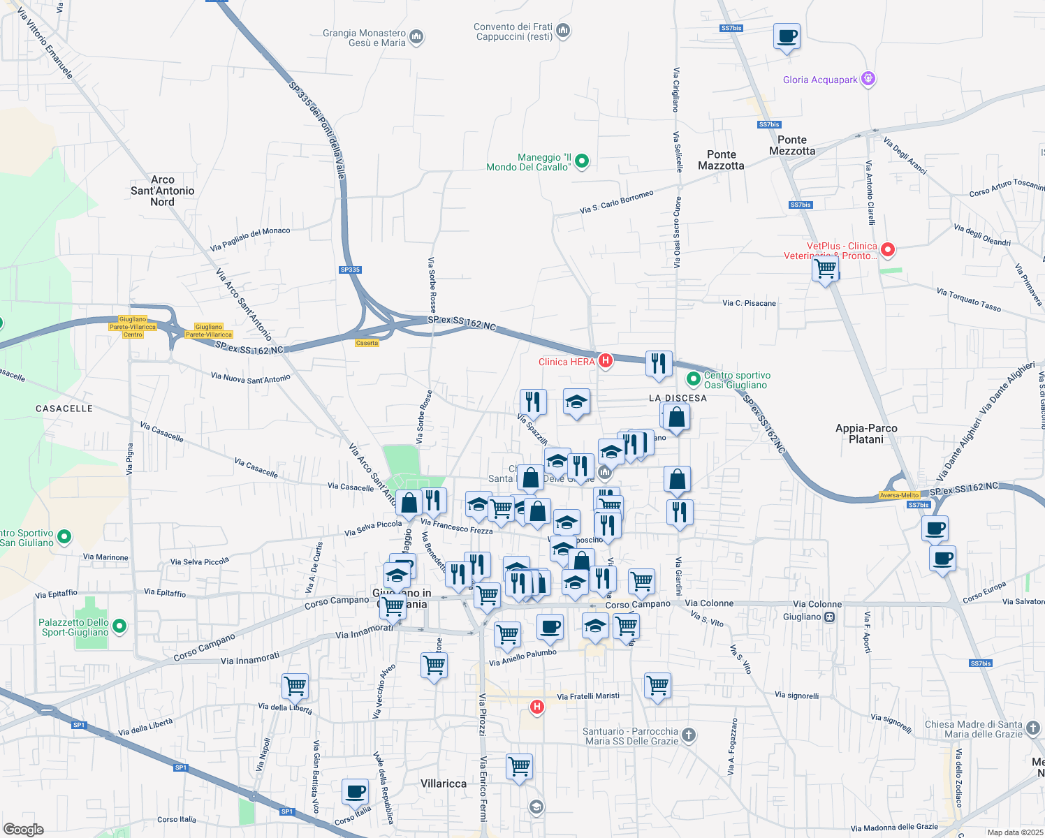 map of restaurants, bars, coffee shops, grocery stores, and more near 39 Via Spazzilli in Giugliano in Campania