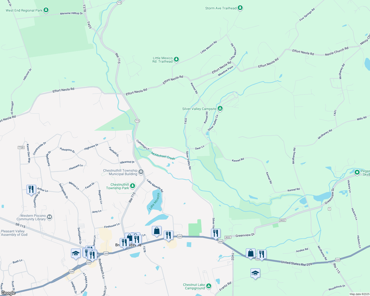 map of restaurants, bars, coffee shops, grocery stores, and more near 287 Silver Valley Road in Saylorsburg