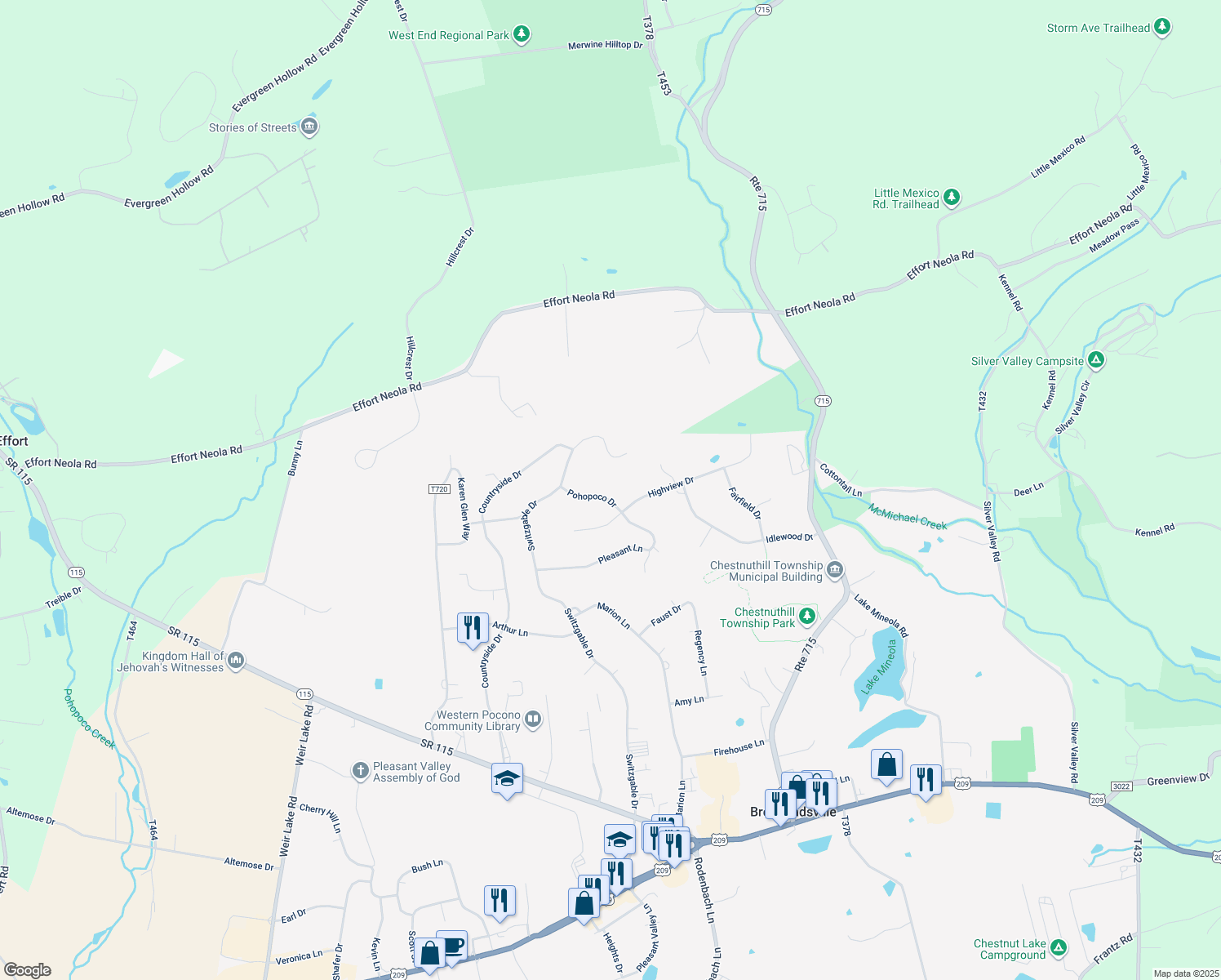 map of restaurants, bars, coffee shops, grocery stores, and more near 210 Pohopoco Drive in Brodheadsville