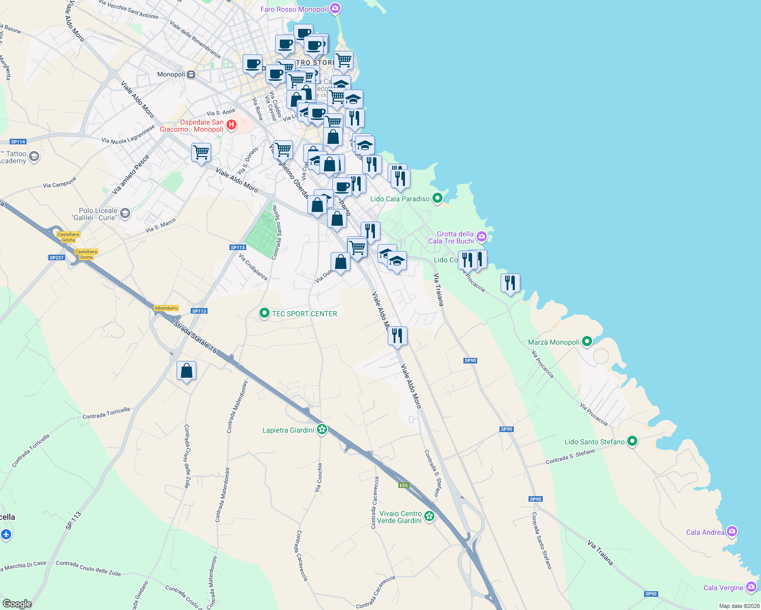 map of restaurants, bars, coffee shops, grocery stores, and more near 192 Viale Aldo Moro in Monopoli