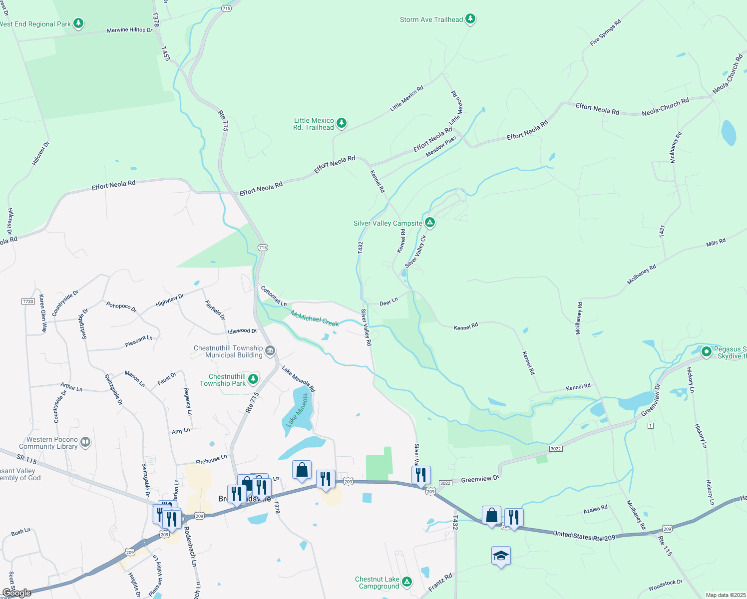 map of restaurants, bars, coffee shops, grocery stores, and more near Silver Valley Road in Saylorsburg