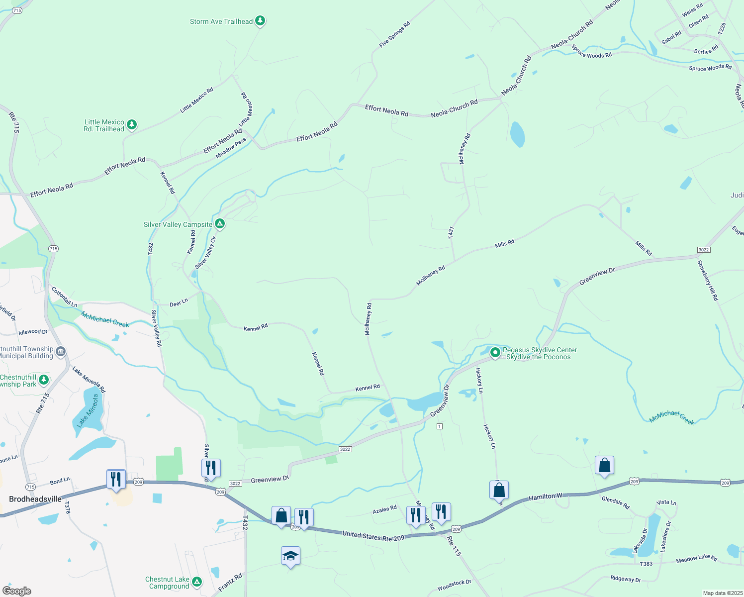 map of restaurants, bars, coffee shops, grocery stores, and more near Mcilhaney Road in Saylorsburg