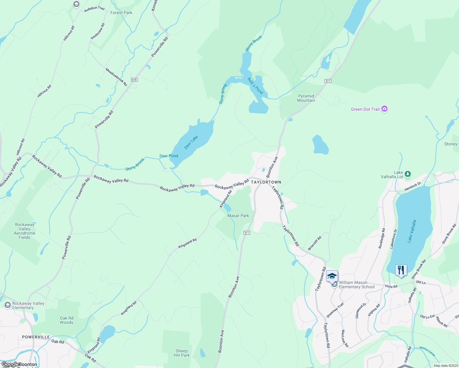 map of restaurants, bars, coffee shops, grocery stores, and more near 21 Rockaway Valley Road in Boonton