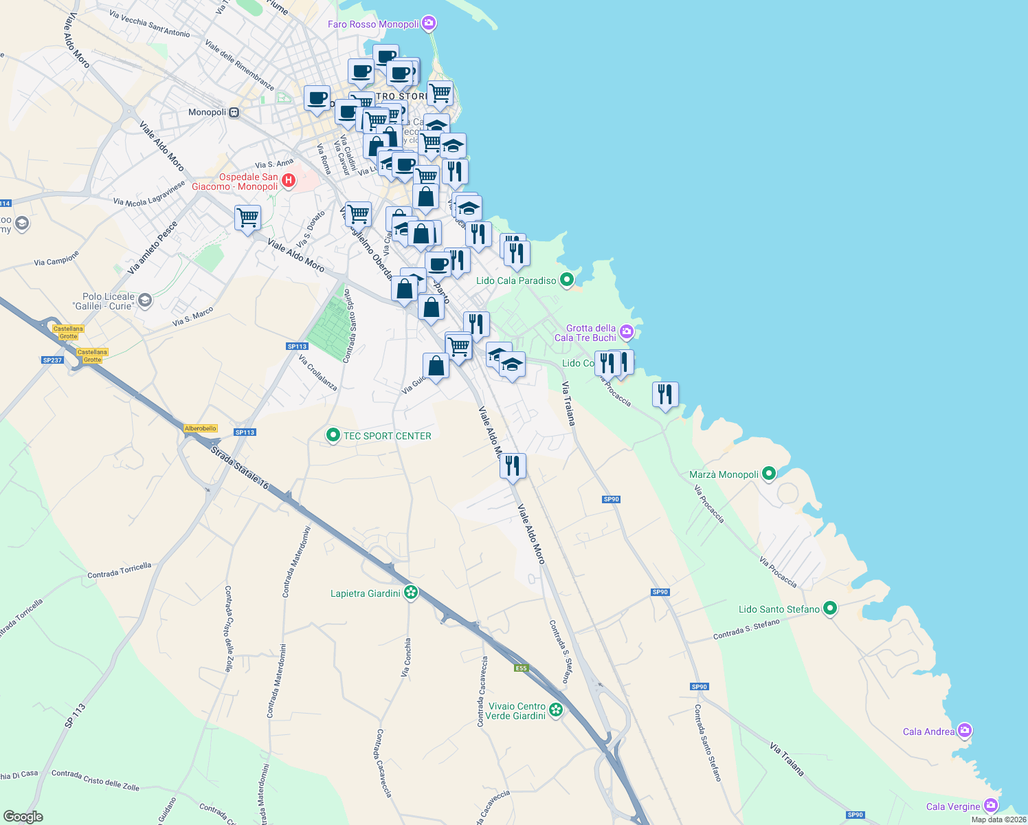 map of restaurants, bars, coffee shops, grocery stores, and more near 43 Via Jones Melvin in Monopoli
