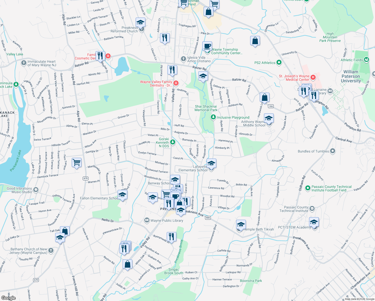 map of restaurants, bars, coffee shops, grocery stores, and more near 29 Dwight Street in Wayne