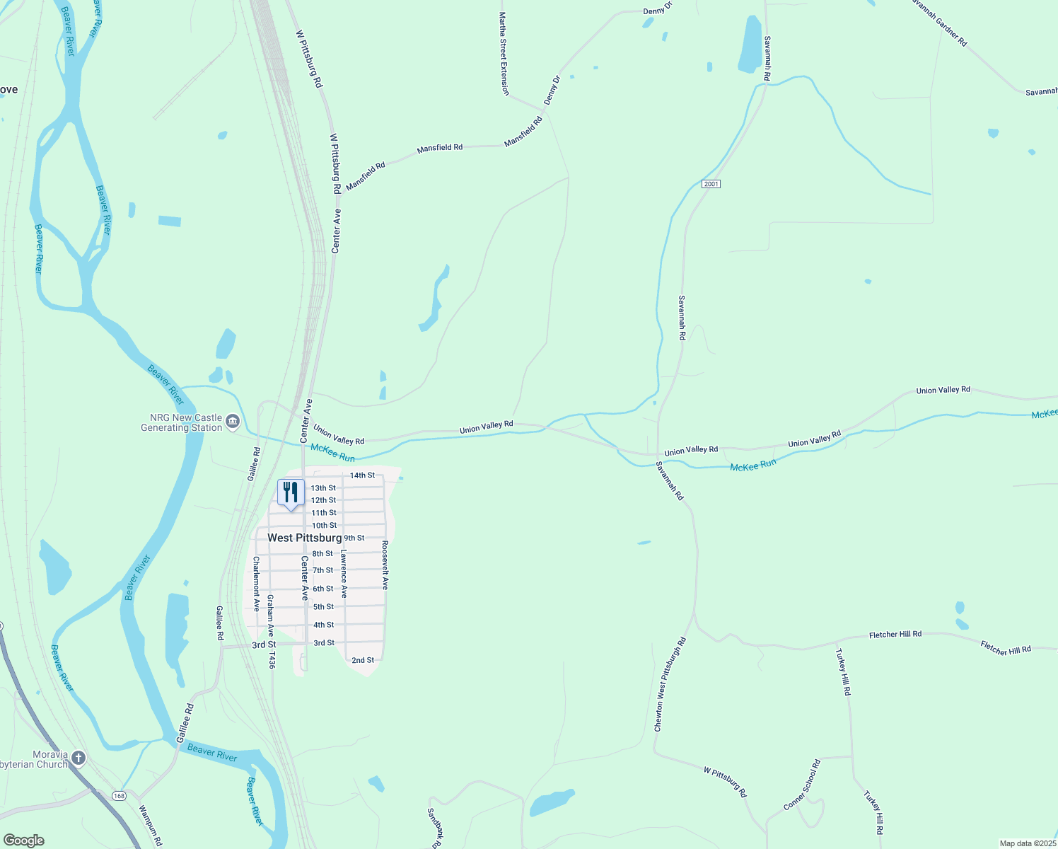 map of restaurants, bars, coffee shops, grocery stores, and more near Union Valley Road in Wampum