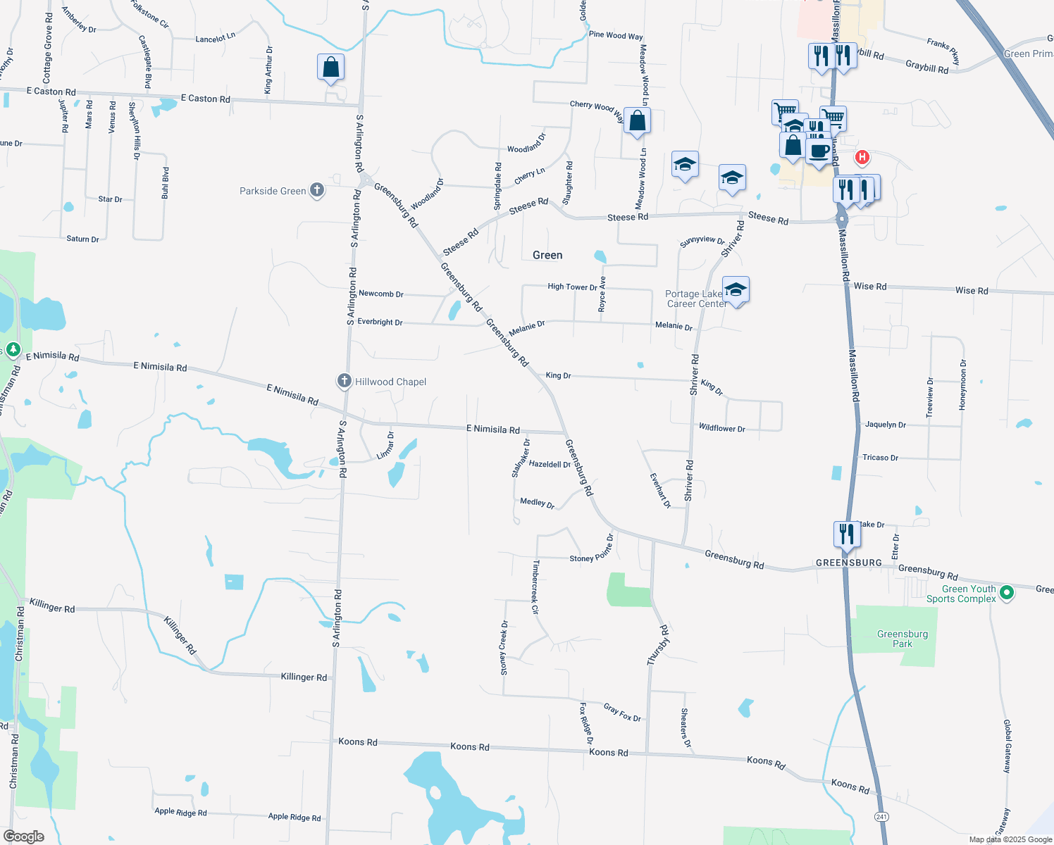 map of restaurants, bars, coffee shops, grocery stores, and more near 1387 East Nimisila Road in North Canton