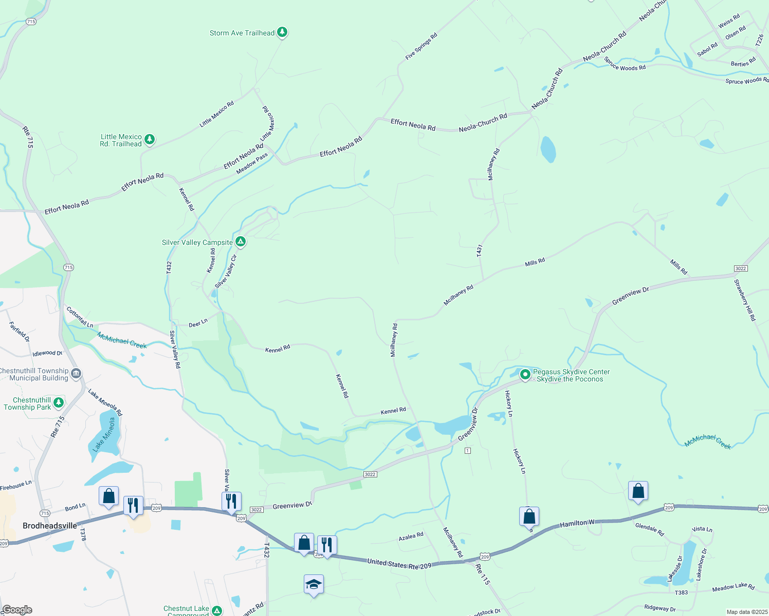 map of restaurants, bars, coffee shops, grocery stores, and more near 307 Mcilhaney Road in Saylorsburg