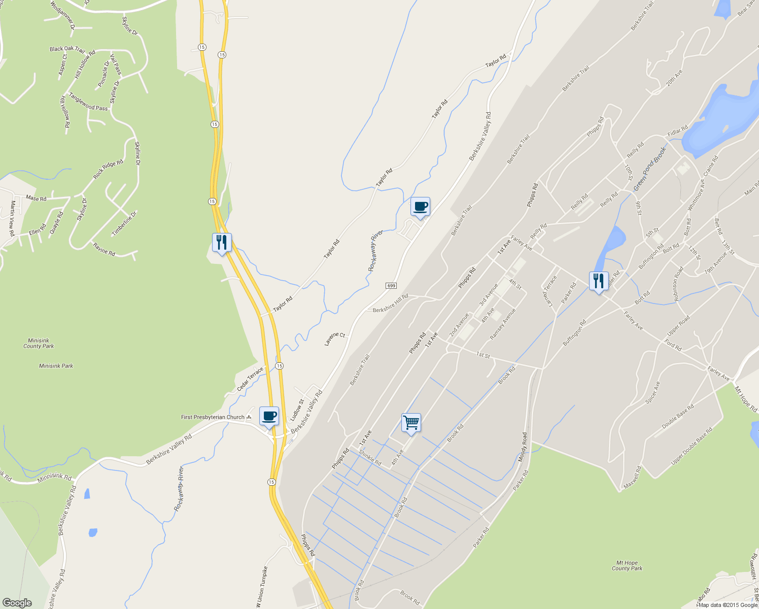 map of restaurants, bars, coffee shops, grocery stores, and more near 846 Berkshire Valley Road in Wharton