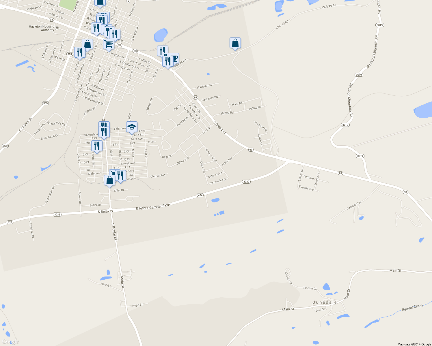 map of restaurants, bars, coffee shops, grocery stores, and more near 108 Estate Boulevard in Hazleton