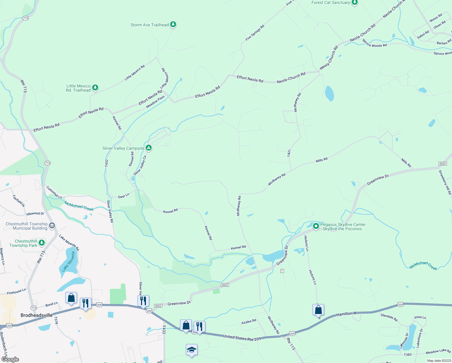 map of restaurants, bars, coffee shops, grocery stores, and more near 307 Mcilhaney Road in Saylorsburg