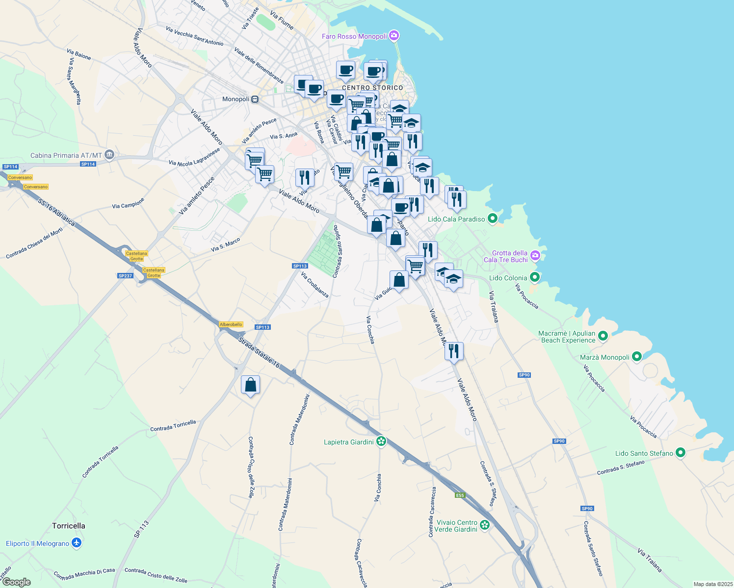 map of restaurants, bars, coffee shops, grocery stores, and more near 52 Via Eugenio Montale in Monopoli