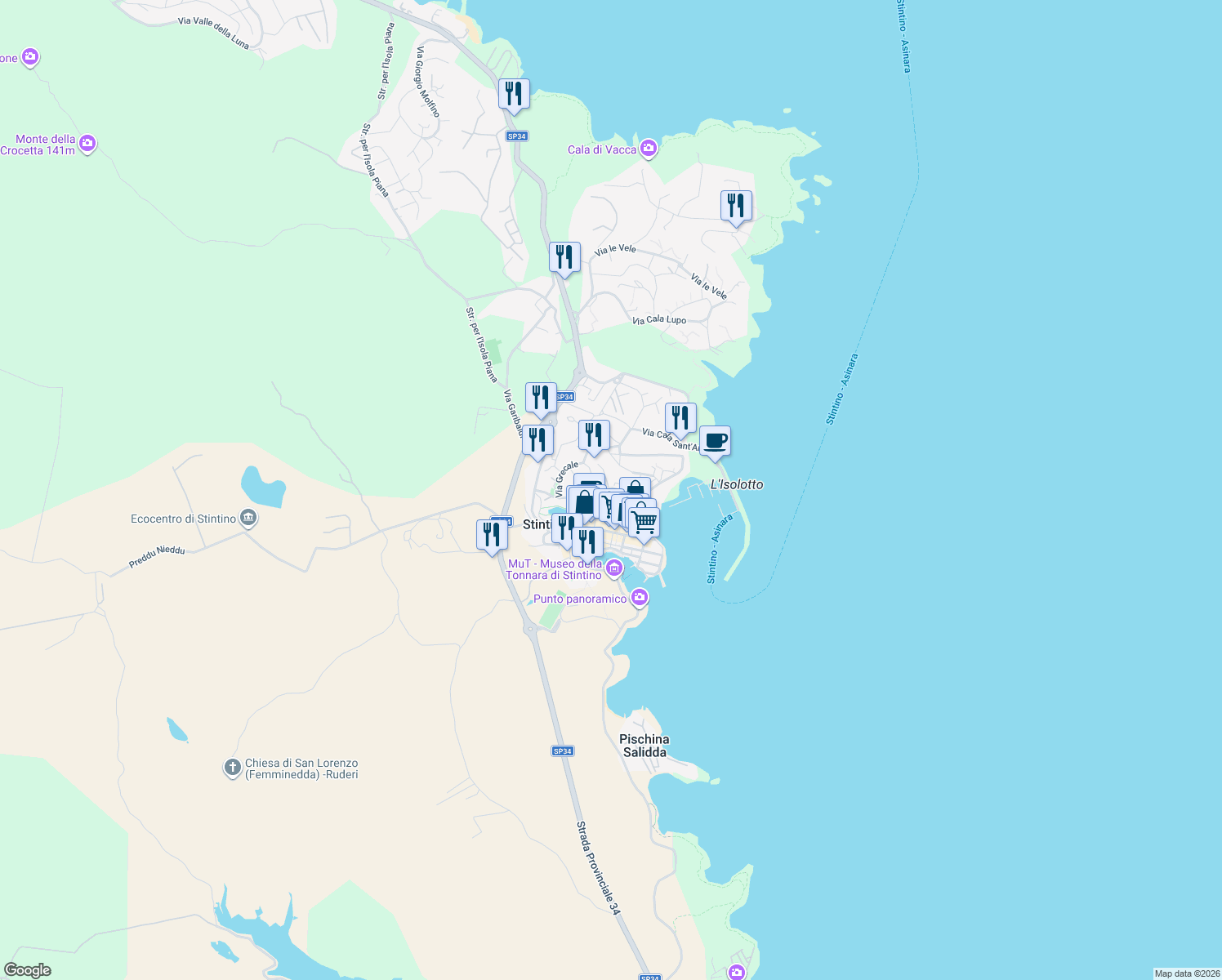 map of restaurants, bars, coffee shops, grocery stores, and more near 20 Via Vela Latina in Stintino