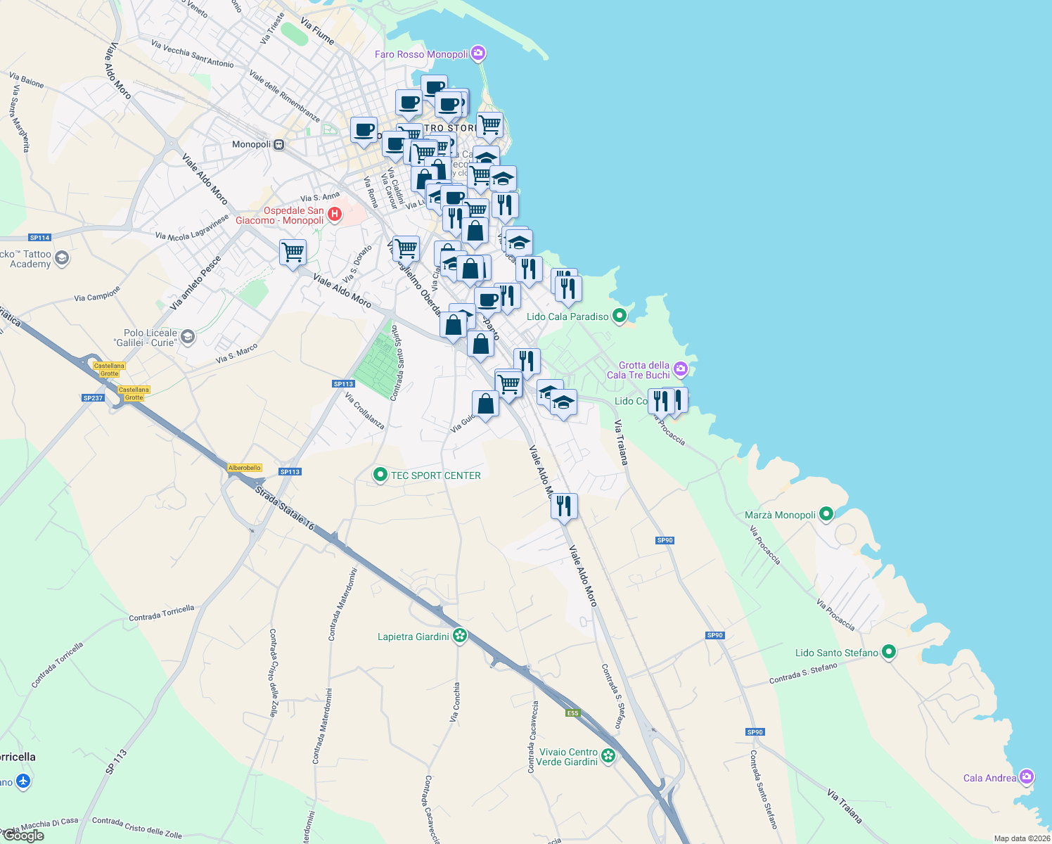 map of restaurants, bars, coffee shops, grocery stores, and more near 192 Viale Aldo Moro in Monopoli