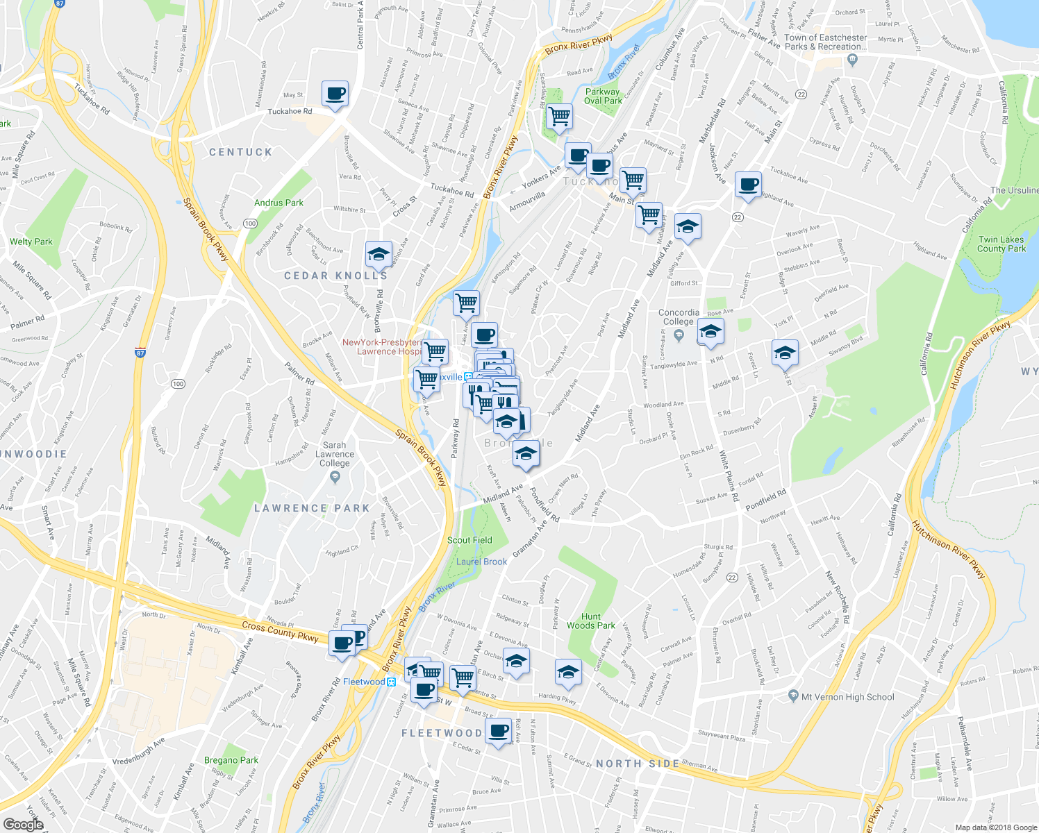 map of restaurants, bars, coffee shops, grocery stores, and more near 17 Tanglewylde Avenue in Bronxville