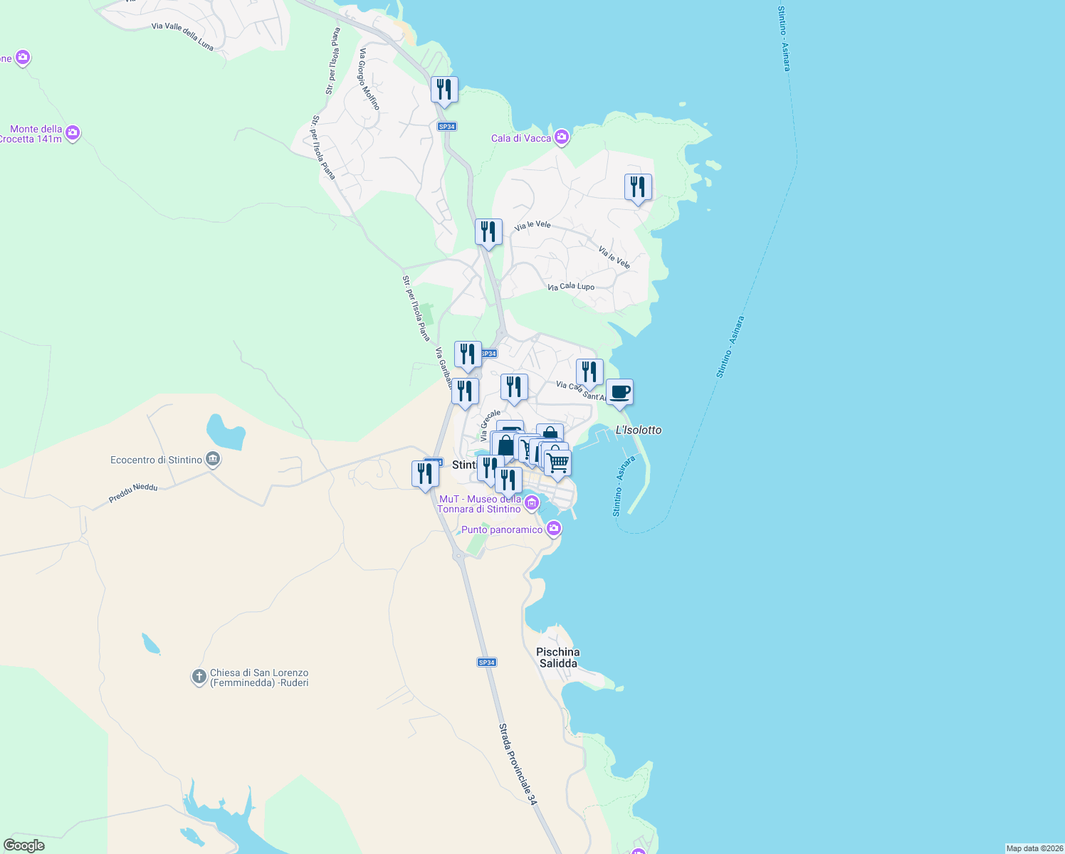 map of restaurants, bars, coffee shops, grocery stores, and more near 20 Via Vela Latina in Stintino