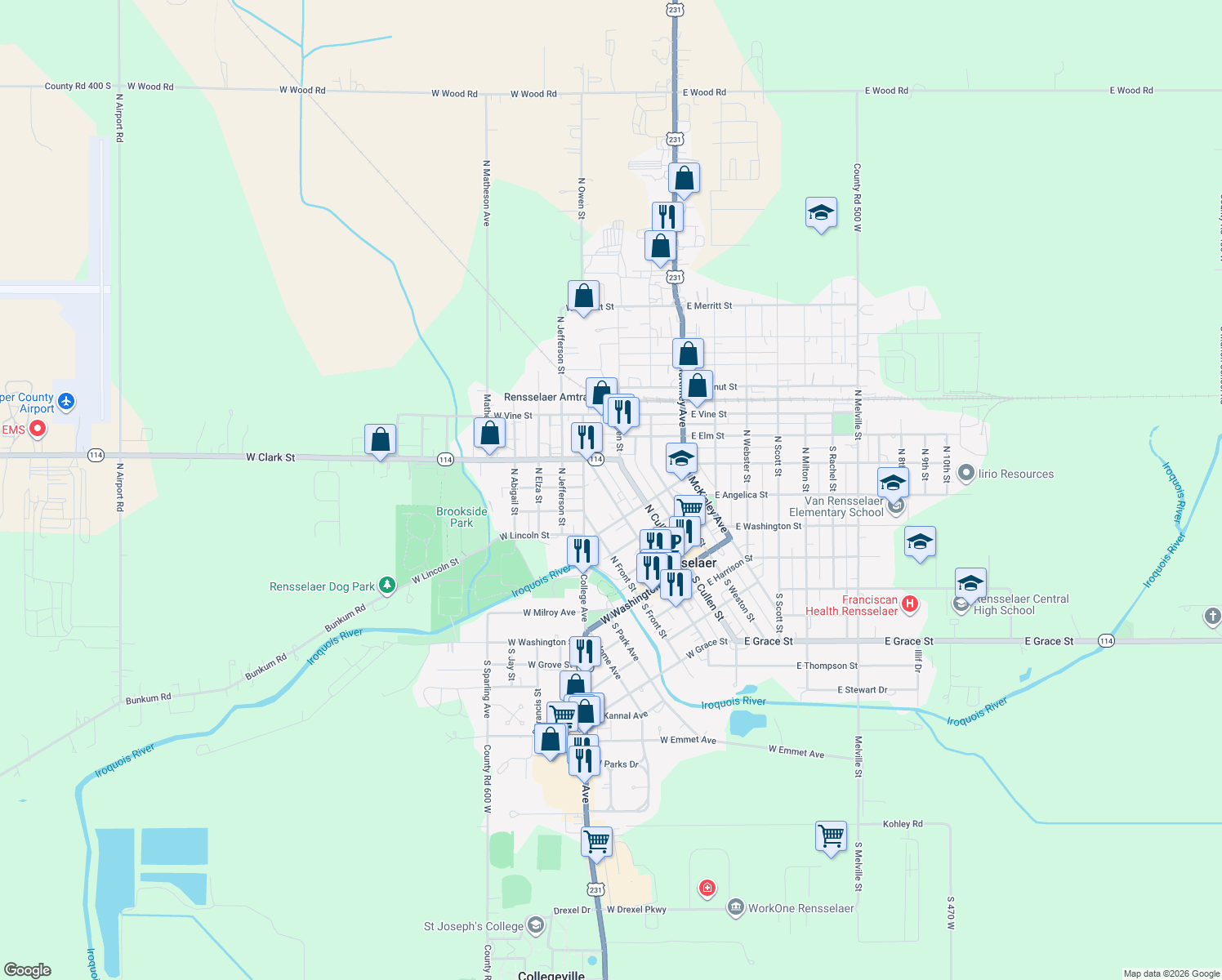 map of restaurants, bars, coffee shops, grocery stores, and more near 425 North Van Rensselaer Street in Rensselaer