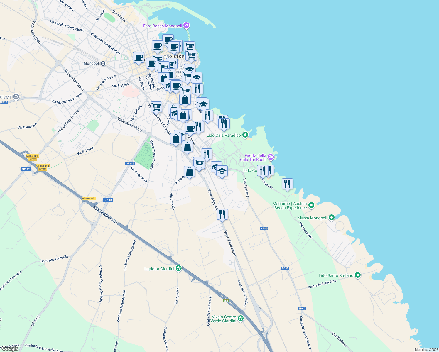 map of restaurants, bars, coffee shops, grocery stores, and more near 11 Via Luigi Piccinato in Monopoli