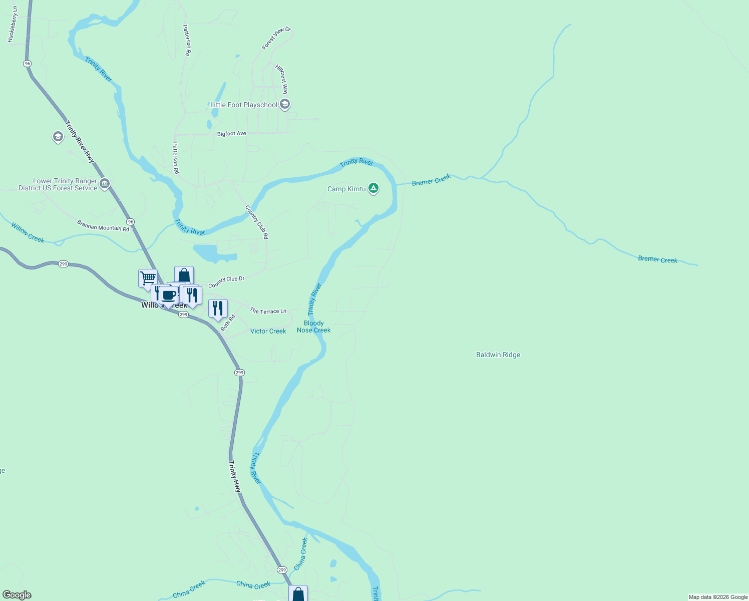 map of restaurants, bars, coffee shops, grocery stores, and more near 1525 Seeley Mc Intosh Road in Willow Creek