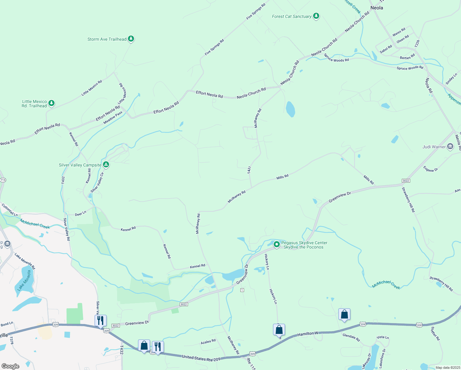 map of restaurants, bars, coffee shops, grocery stores, and more near 4125 Country Meadow Lane in Saylorsburg