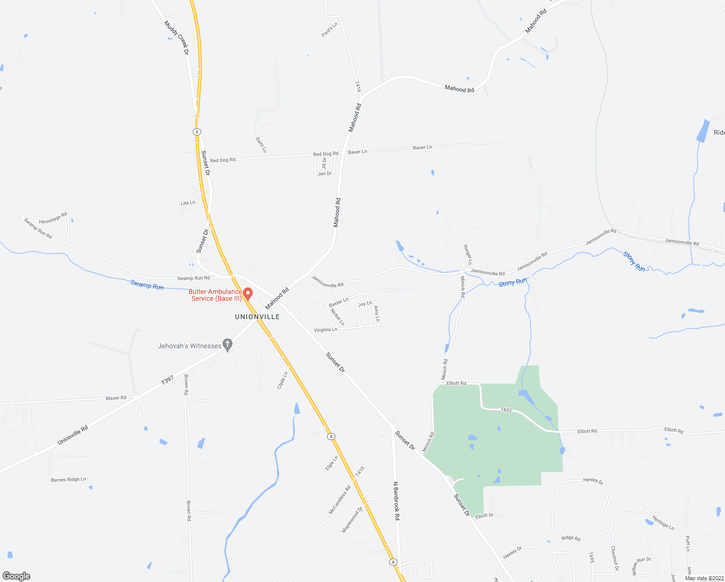map of restaurants, bars, coffee shops, grocery stores, and more near 508 Reed Lane in Butler