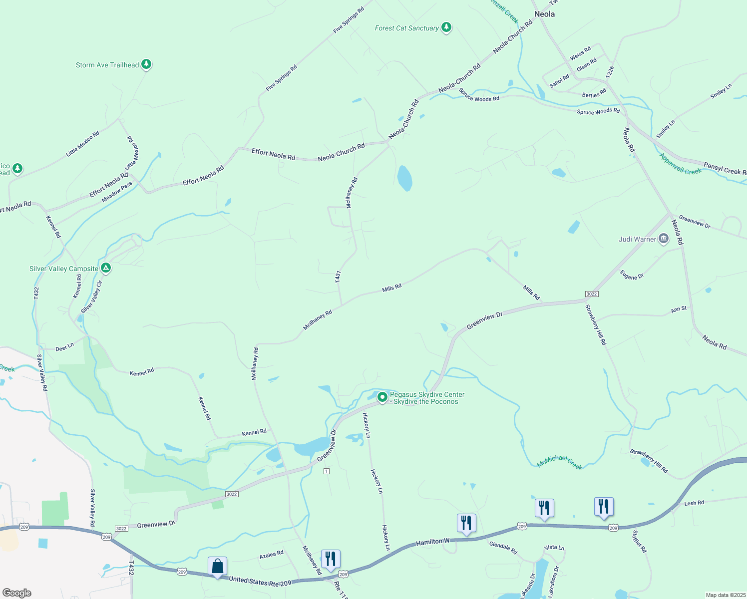 map of restaurants, bars, coffee shops, grocery stores, and more near Mills Road in Saylorsburg