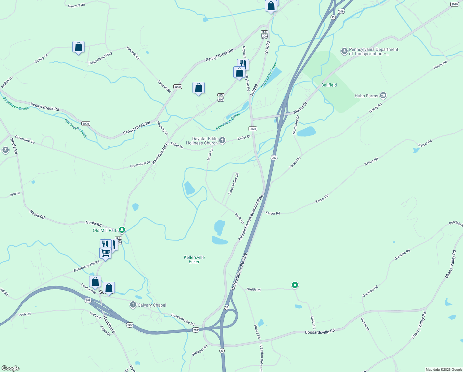 map of restaurants, bars, coffee shops, grocery stores, and more near 1141 Middle Easton Belmont Pike in Stroudsburg