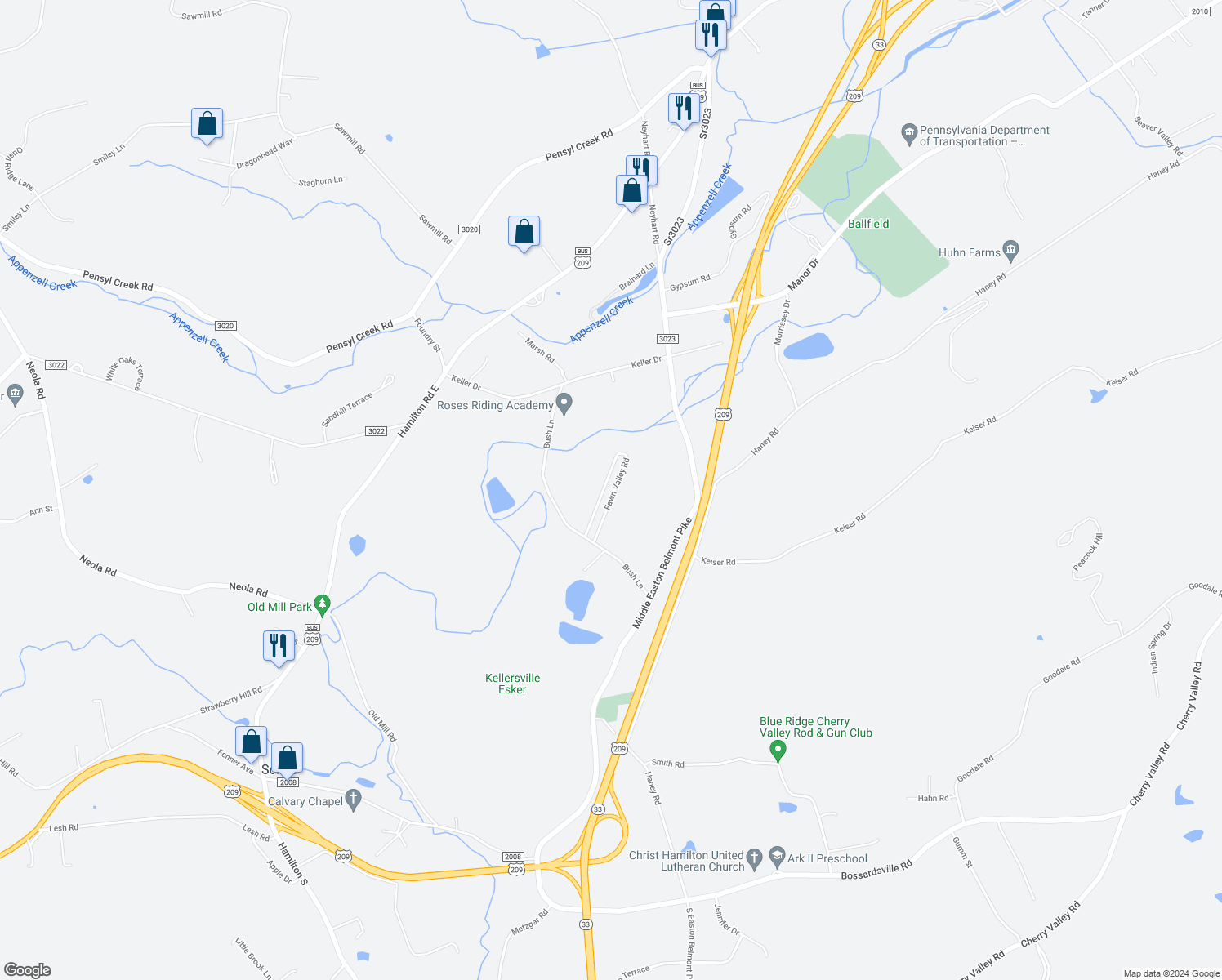 map of restaurants, bars, coffee shops, grocery stores, and more near 148 Fawn Valley Road in Stroudsburg
