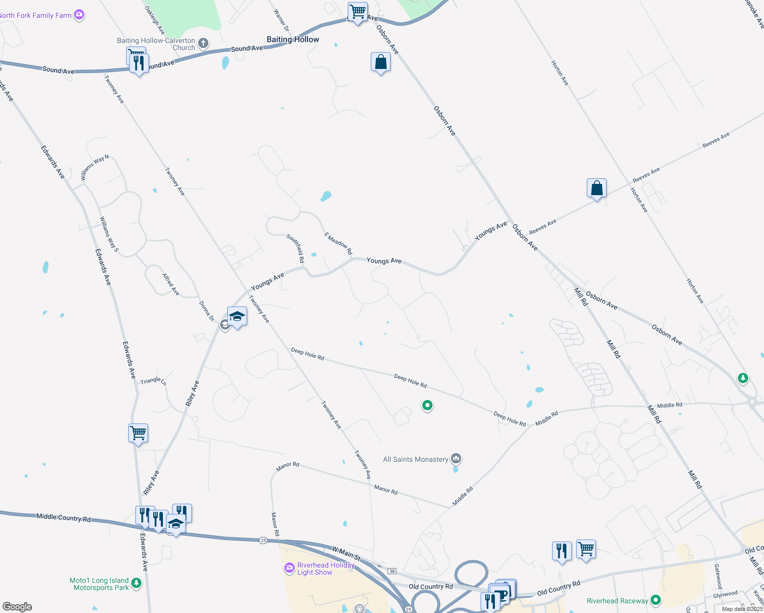 map of restaurants, bars, coffee shops, grocery stores, and more near 105 The Preserve in Calverton