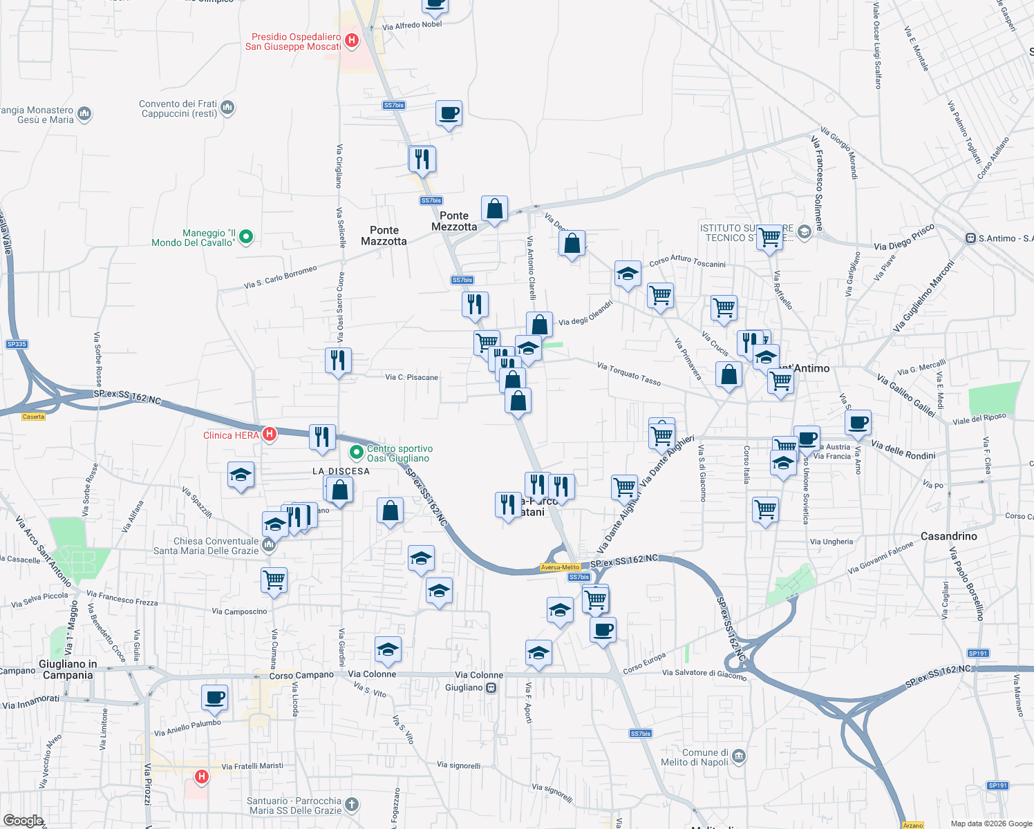 map of restaurants, bars, coffee shops, grocery stores, and more near SS7bis in Città Metropolitana di Napoli