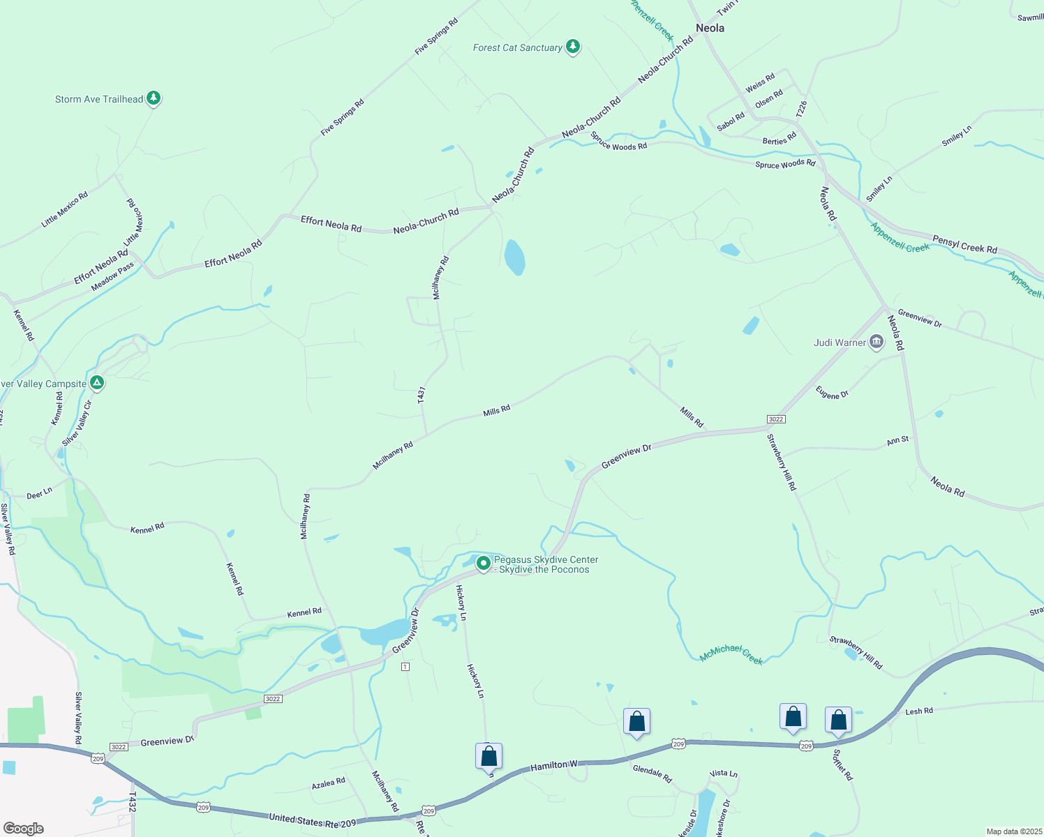 map of restaurants, bars, coffee shops, grocery stores, and more near 170 Mills Road in Saylorsburg