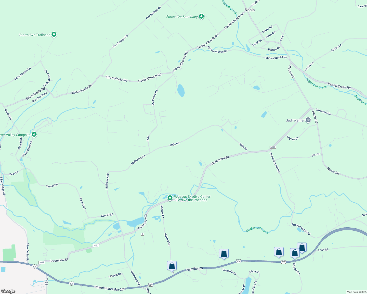 map of restaurants, bars, coffee shops, grocery stores, and more near 170 Mills Road in Saylorsburg