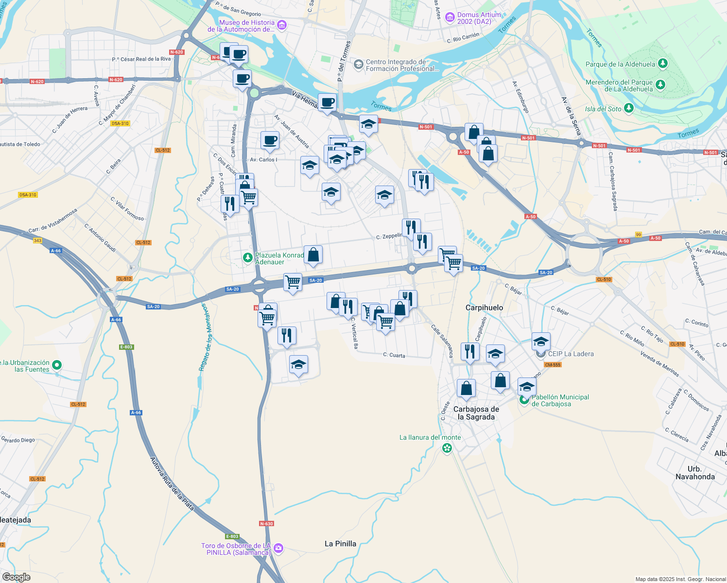 map of restaurants, bars, coffee shops, grocery stores, and more near 31 Calle Primera in Carbajosa de la Sagrada