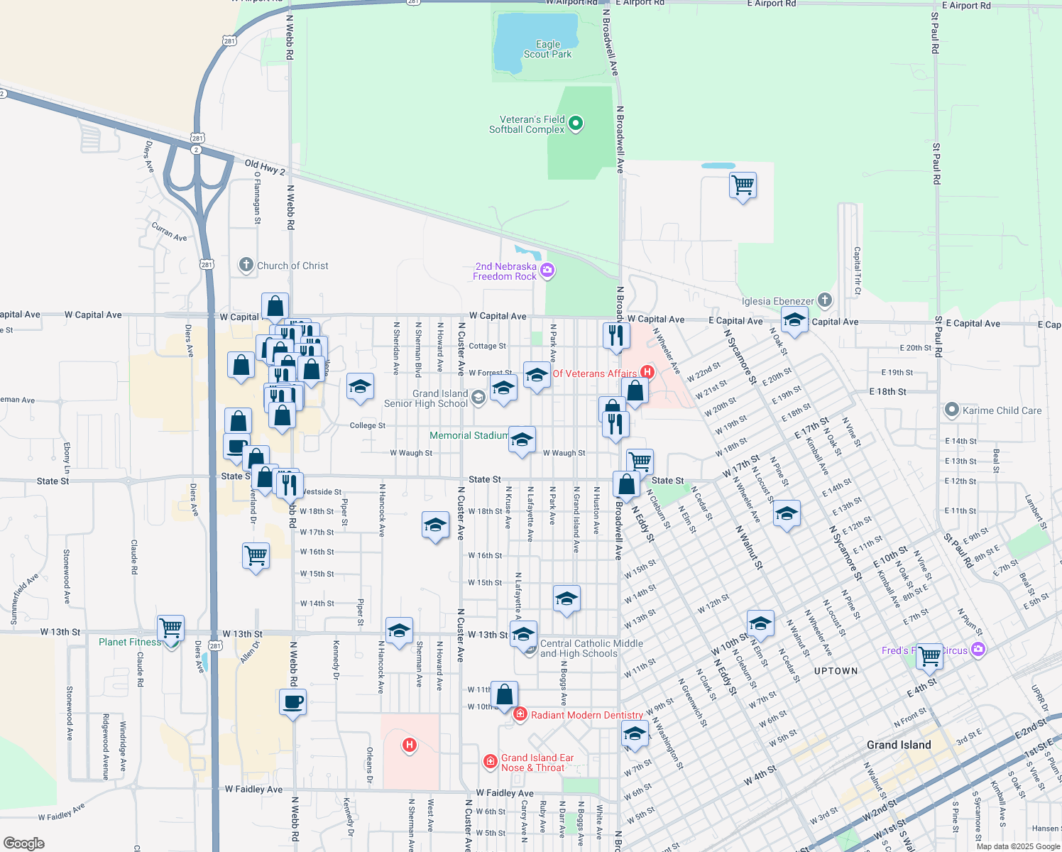 map of restaurants, bars, coffee shops, grocery stores, and more near 2198 College Street in Grand Island
