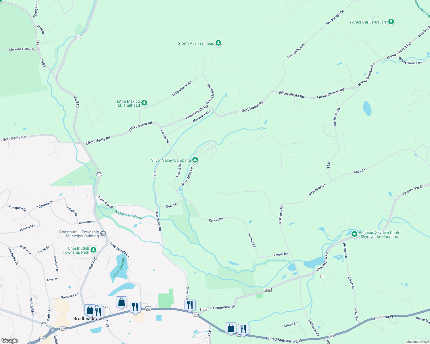 map of restaurants, bars, coffee shops, grocery stores, and more near 246 John Deere Road in Saylorsburg
