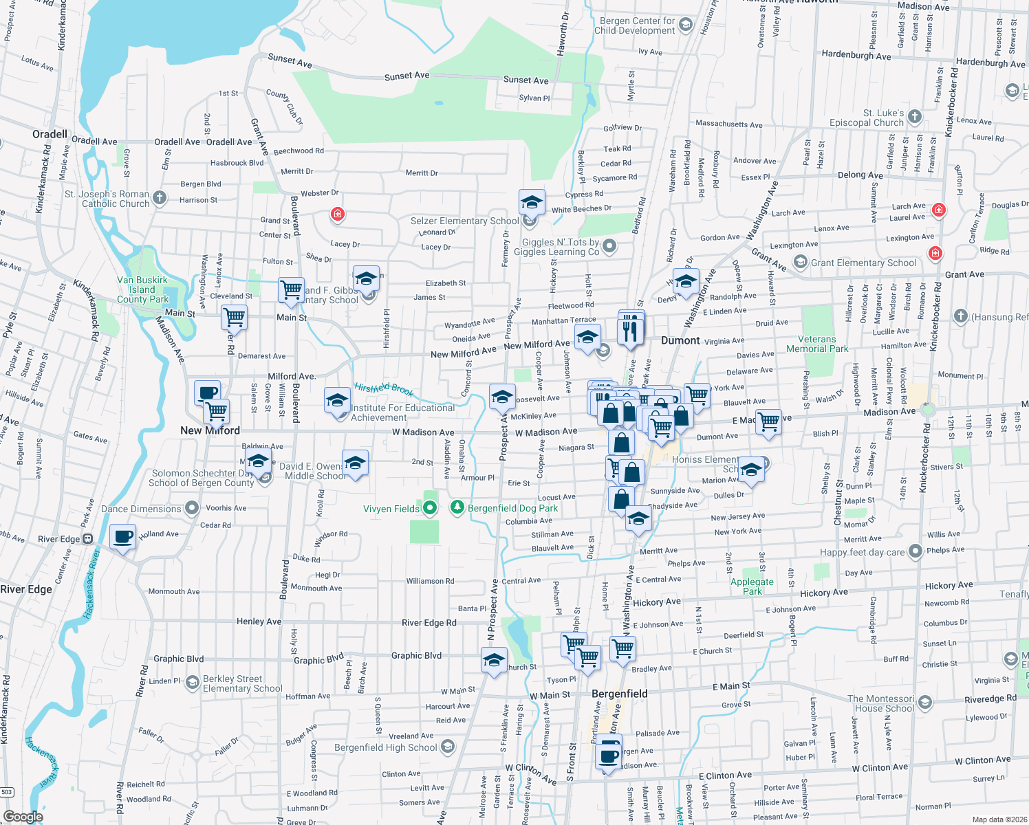 map of restaurants, bars, coffee shops, grocery stores, and more near 144 McKinley Ave in Dumont