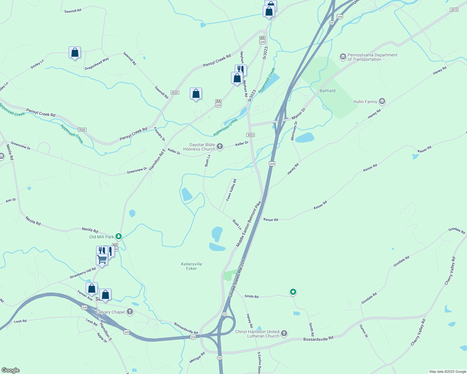 map of restaurants, bars, coffee shops, grocery stores, and more near 140 Fawn Valley Road in Stroudsburg