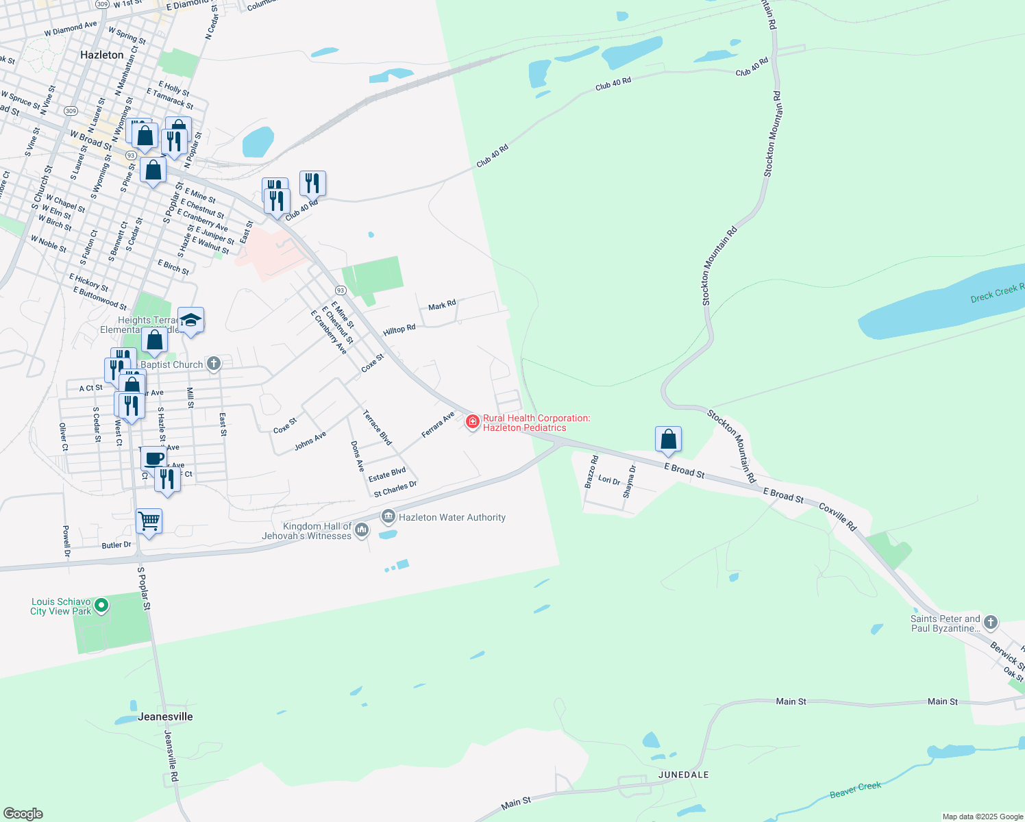 map of restaurants, bars, coffee shops, grocery stores, and more near 1751 Chrismark Road in Hazleton