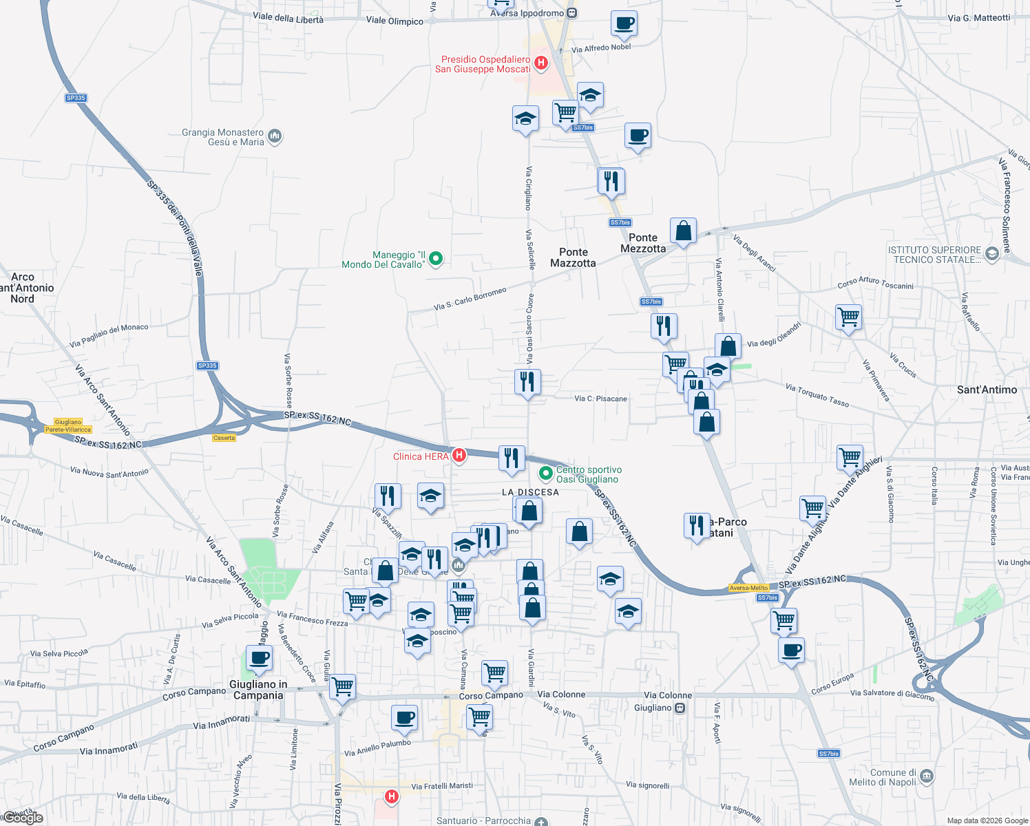 map of restaurants, bars, coffee shops, grocery stores, and more near 116 Via Oasi Sacro Cuore in Giugliano In Campania