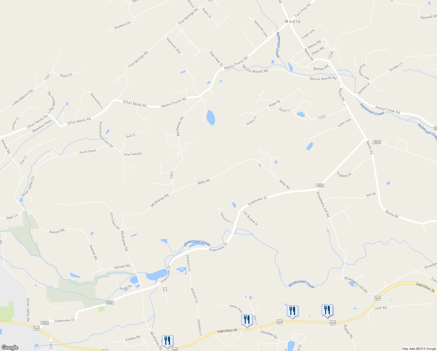 map of restaurants, bars, coffee shops, grocery stores, and more near Mills Road in Saylorsburg