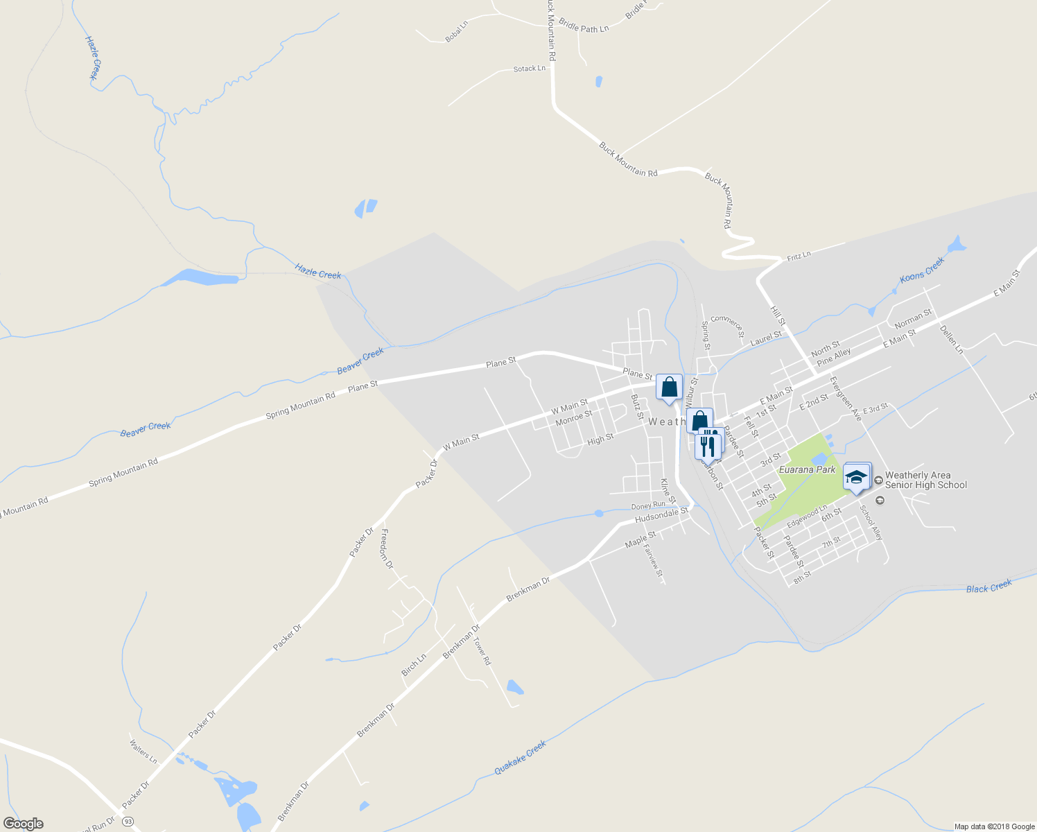 map of restaurants, bars, coffee shops, grocery stores, and more near 643 W Main St in Weatherly